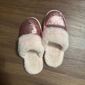 Pink Sequin and Fur Women's Slippers